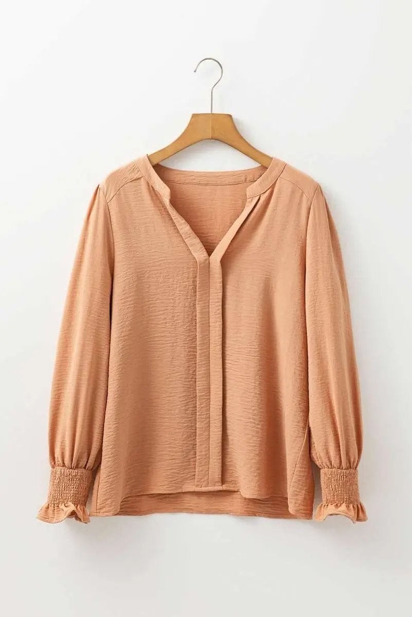 Straw Yellow Solid Color Shirred Cuff Notch V Neck Blouse - Love Salve 