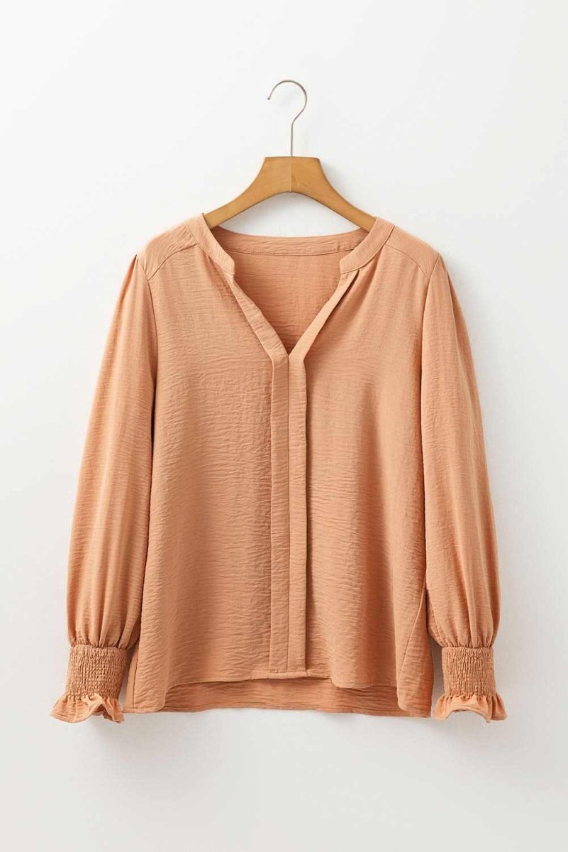 Straw Yellow Solid Color Shirred Cuff Notch V Neck Blouse - Love Salve 