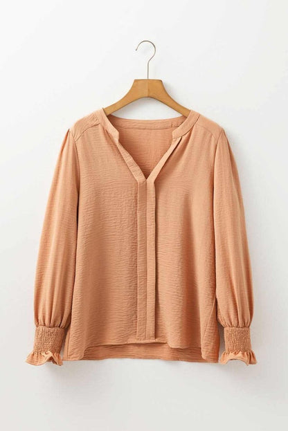 Straw Yellow Solid Color Shirred Cuff Notch V Neck Blouse - Love Salve 