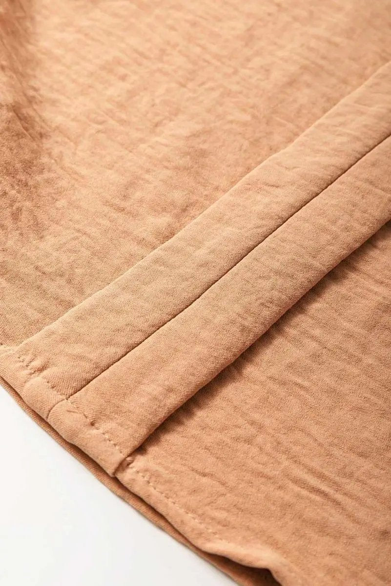 Straw Yellow Solid Color Shirred Cuff Notch V Neck Blouse - Love Salve 