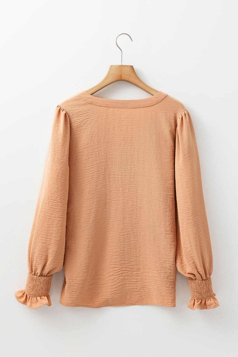 Straw Yellow Solid Color Shirred Cuff Notch V Neck Blouse - Love Salve 