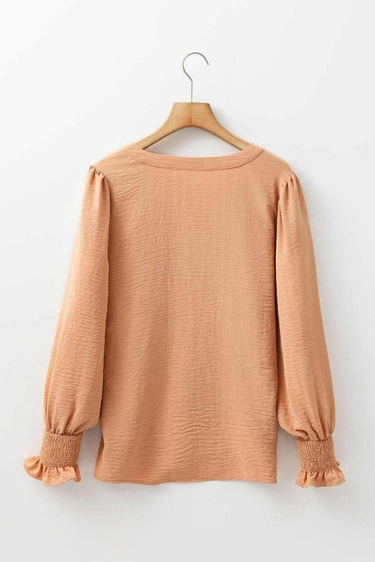 Straw Yellow Solid Color Shirred Cuff Notch V Neck Blouse - Love Salve 