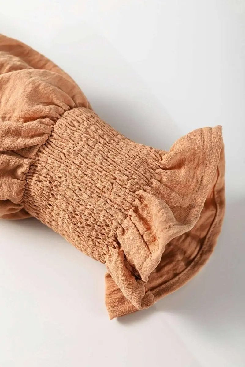 Straw Yellow Solid Color Shirred Cuff Notch V Neck Blouse - Love Salve 