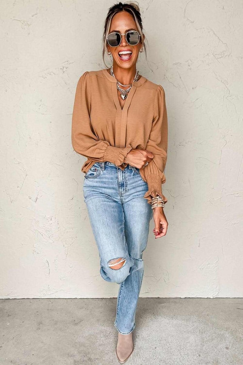 Straw Yellow Solid Color Shirred Cuff Notch V Neck Blouse - Love Salve 