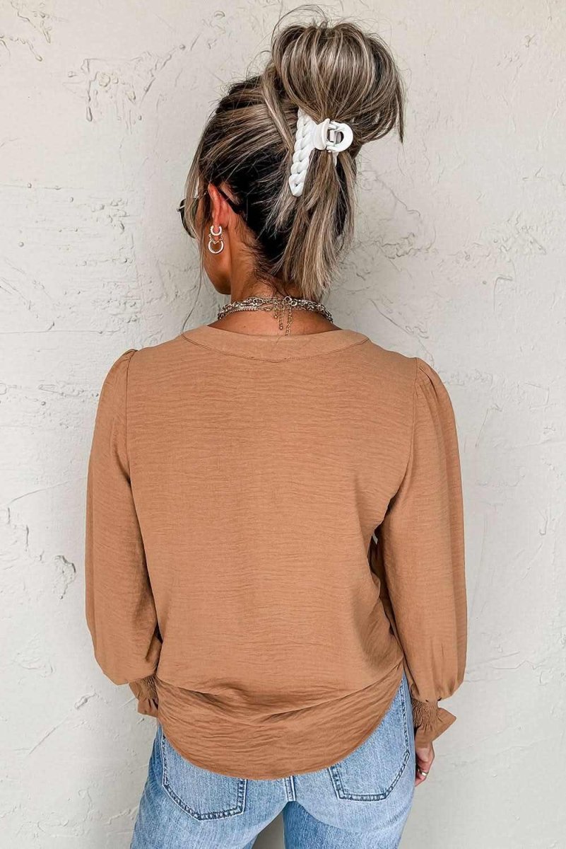 Straw Yellow Solid Color Shirred Cuff Notch V Neck Blouse - Love Salve 