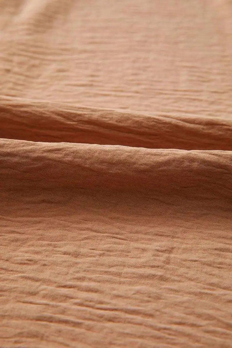 Straw Yellow Solid Color Shirred Cuff Notch V Neck Blouse - Love Salve 