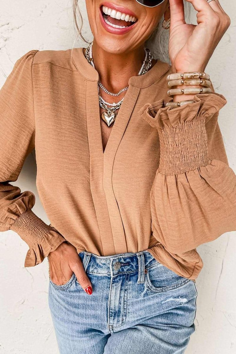 Straw Yellow Solid Color Shirred Cuff Notch V Neck Blouse - Love Salve 