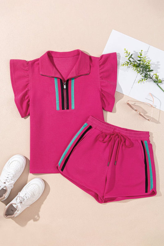 Strawberry Pink Striped Detail Flutter Sleeve Zipped Collar Short Set - Love Salve 