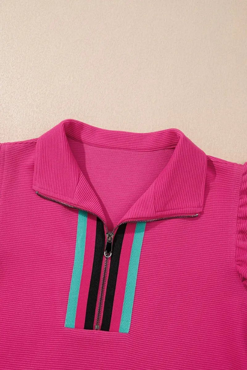 Strawberry Pink Striped Detail Flutter Sleeve Zipped Collar Short Set - Love Salve 