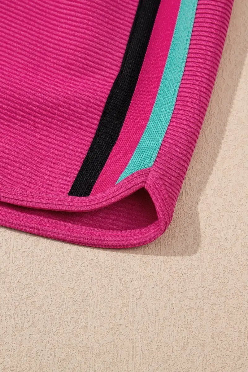 Strawberry Pink Striped Detail Flutter Sleeve Zipped Collar Short Set - Love Salve 