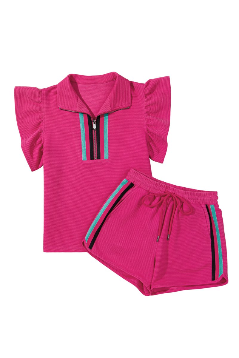 Strawberry Pink Striped Detail Flutter Sleeve Zipped Collar Short Set - Love Salve 