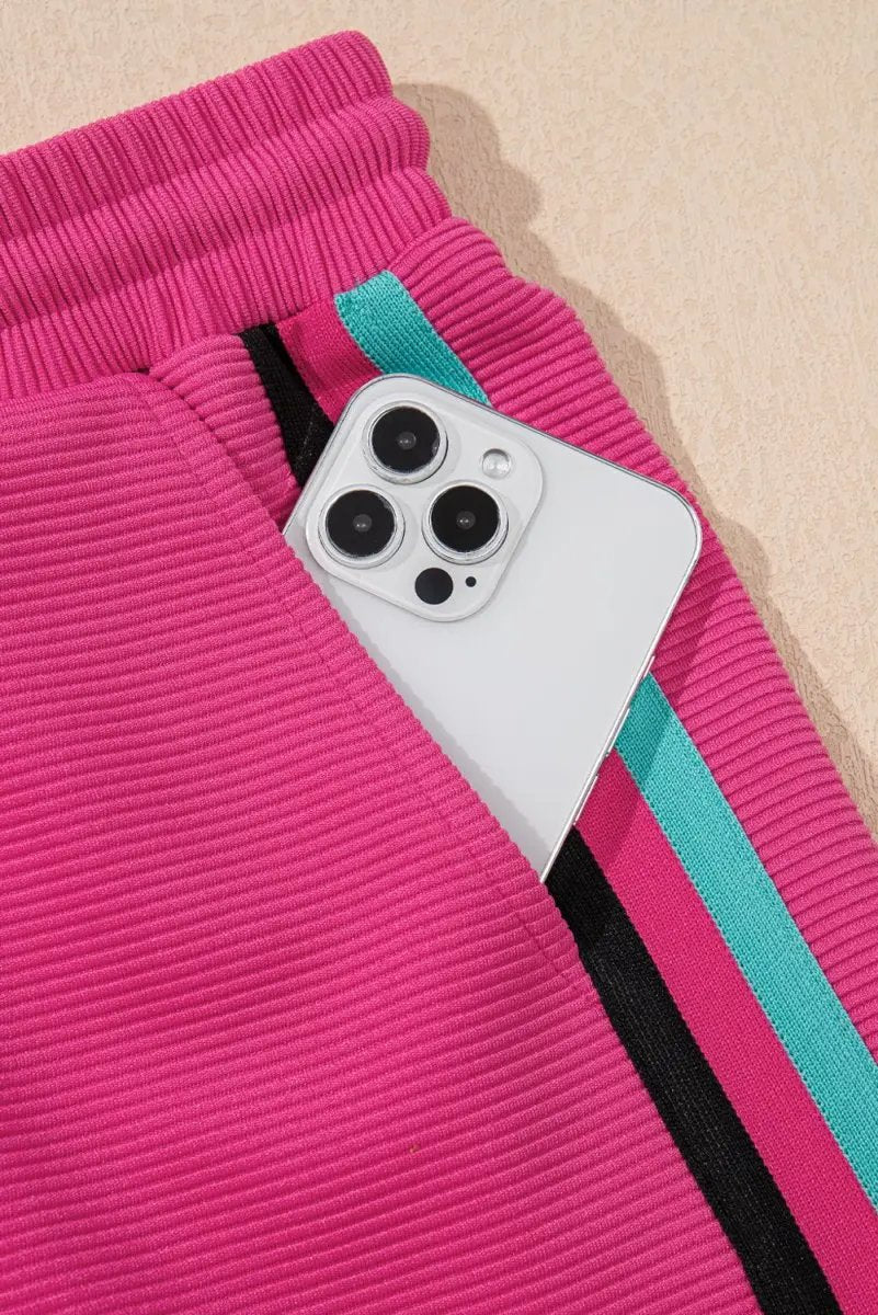 Strawberry Pink Striped Detail Flutter Sleeve Zipped Collar Short Set - Love Salve 