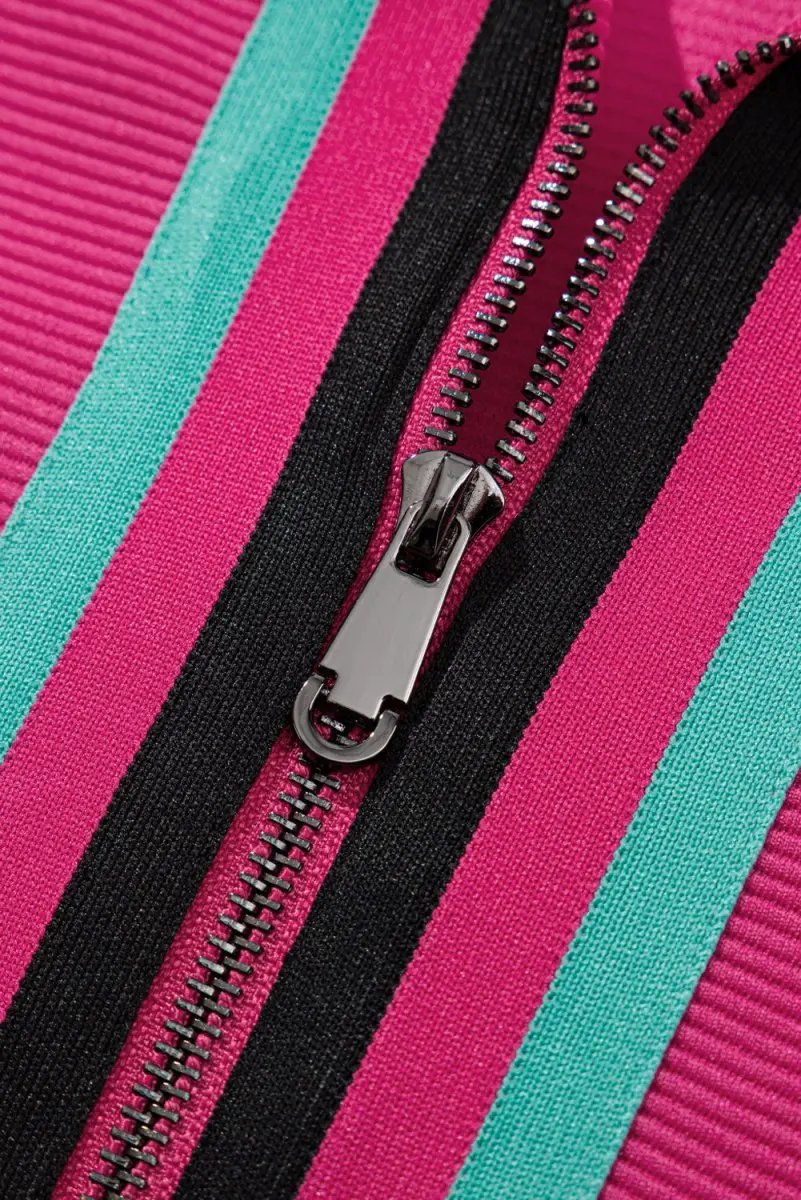 Strawberry Pink Striped Detail Flutter Sleeve Zipped Collar Short Set - Love Salve 