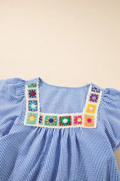 Stripe Textured Ruffle Short Sleeve Boho Detail Square Neck Blouse - Love Salve