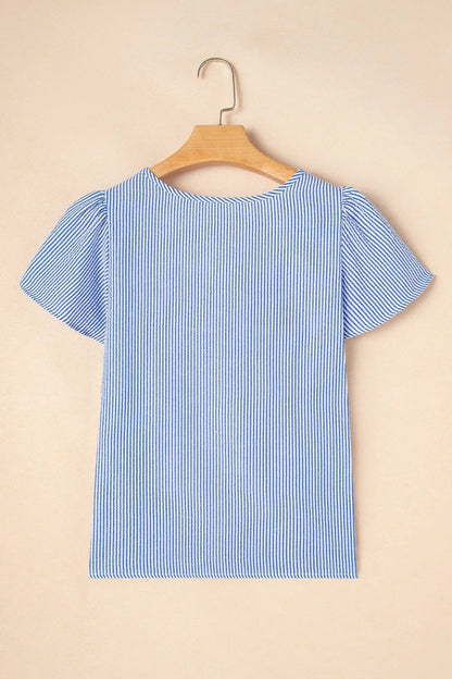 Stripe Textured Ruffle Short Sleeve Boho Detail Square Neck Blouse - Love Salve