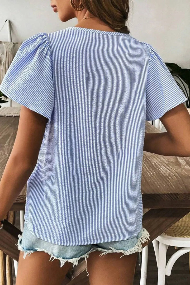 Stripe Textured Ruffle Short Sleeve Boho Detail Square Neck Blouse - Love Salve