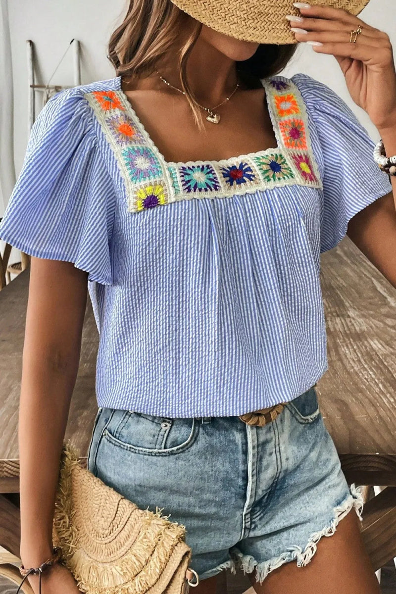 Stripe Textured Ruffle Short Sleeve Boho Detail Square Neck Blouse - Love Salve