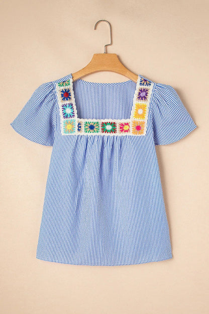 Stripe Textured Ruffle Short Sleeve Boho Detail Square Neck Blouse - Love Salve