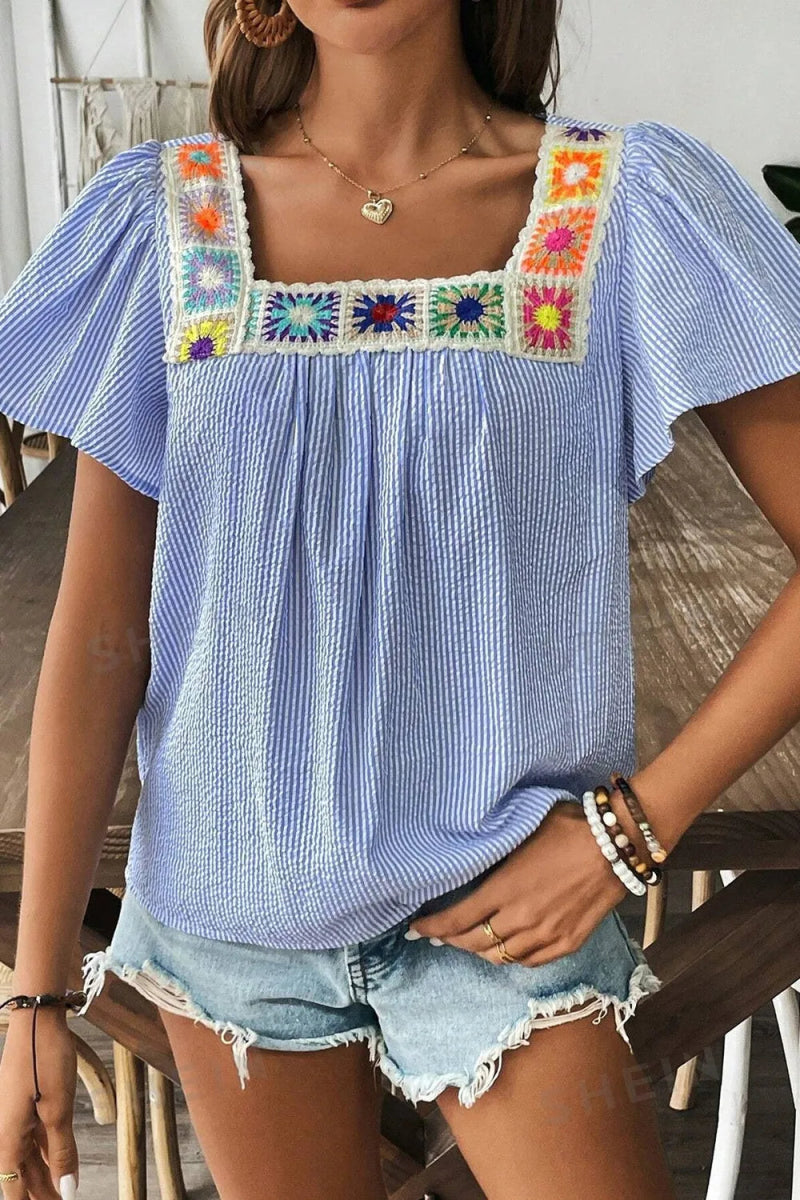 Stripe Textured Ruffle Short Sleeve Boho Detail Square Neck Blouse - Love Salve