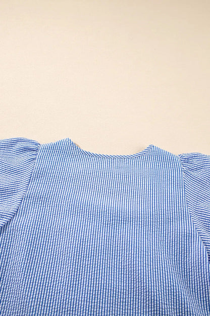 Stripe Textured Ruffle Short Sleeve Boho Detail Square Neck Blouse - Love Salve