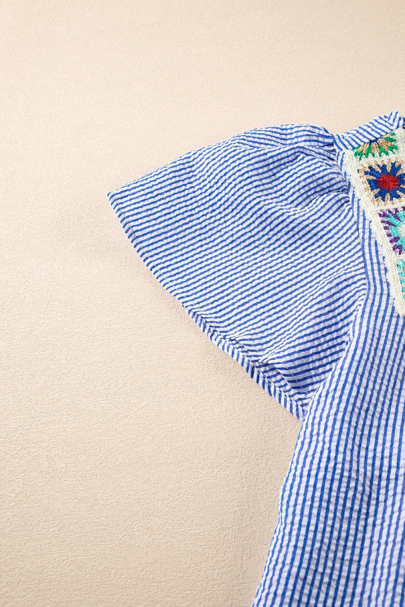 Stripe Textured Ruffle Short Sleeve Boho Detail Square Neck Blouse - Love Salve