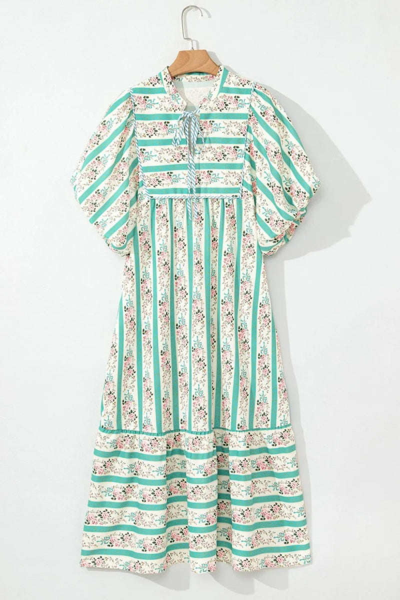 Striped Floral Print Tie Neck Puff Sleeve Midi Dress For Women - Love Salve 