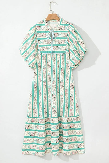 Striped Floral Print Tie Neck Puff Sleeve Midi Dress For Women - Love Salve 