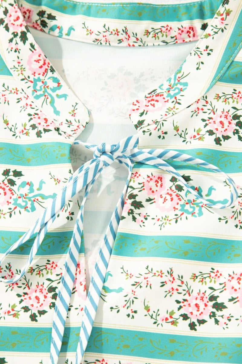 Striped Floral Print Tie Neck Puff Sleeve Midi Dress For Women - Love Salve 