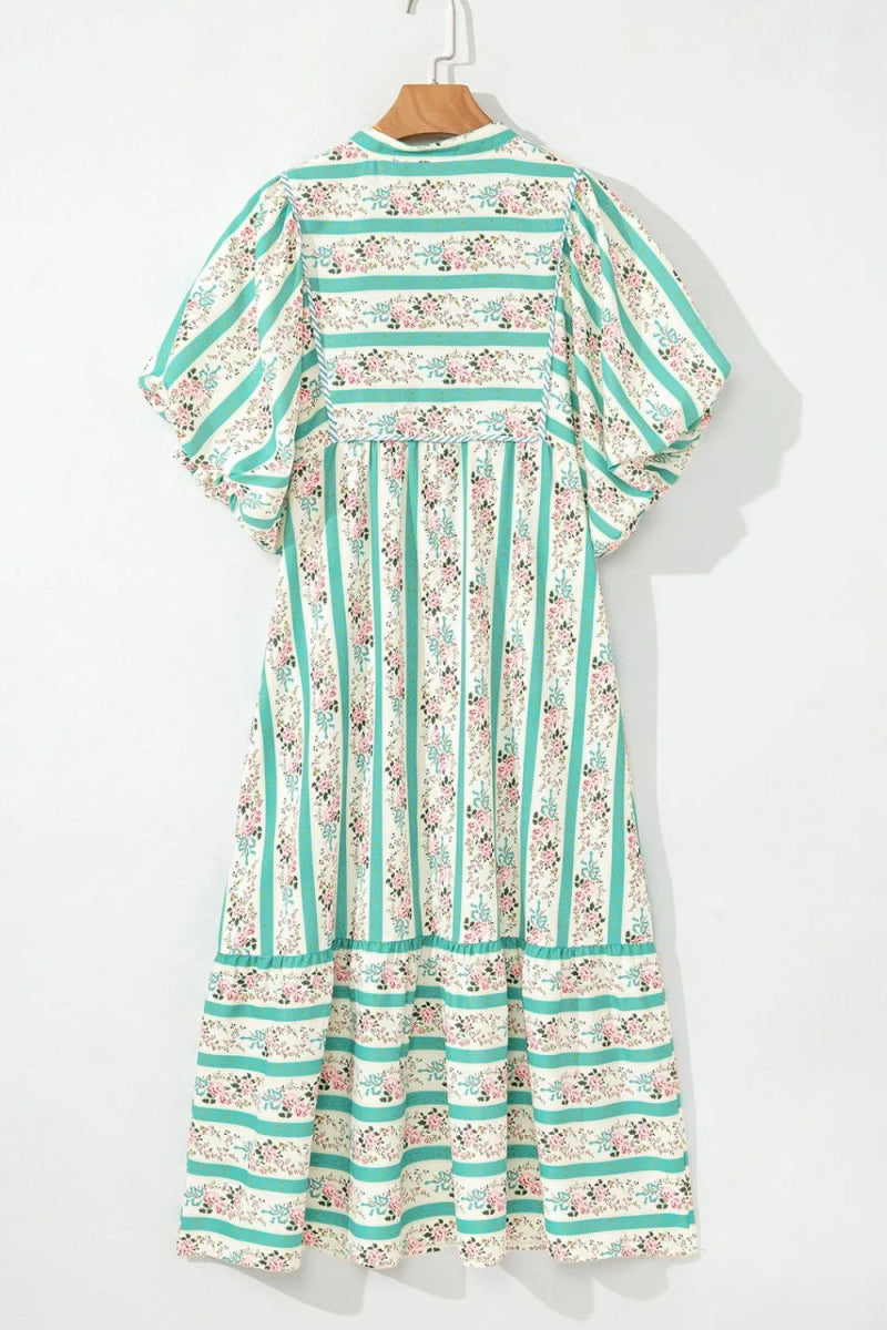 Striped Floral Print Tie Neck Puff Sleeve Midi Dress For Women - Love Salve 