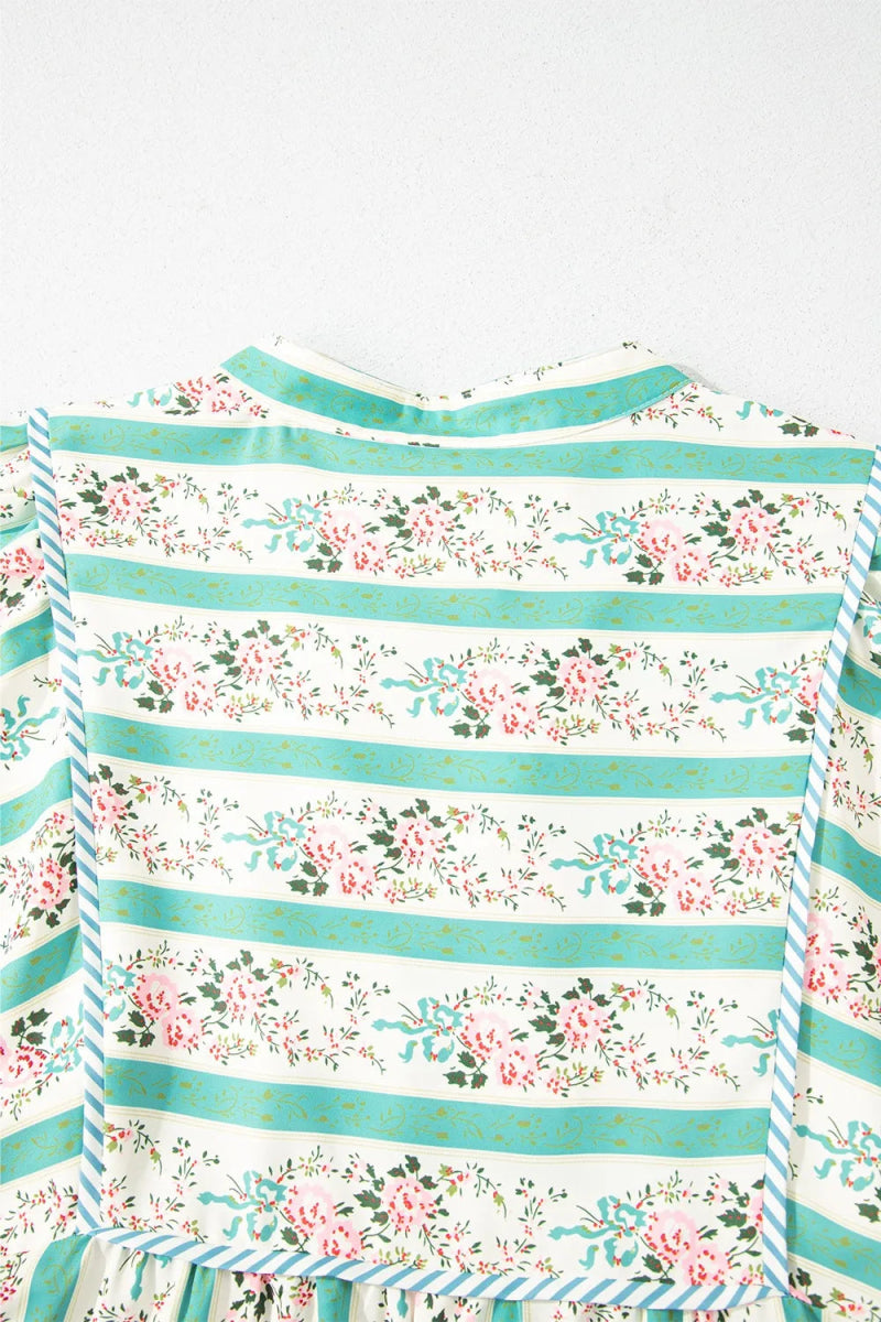 Striped Floral Print Tie Neck Puff Sleeve Midi Dress For Women - Love Salve 