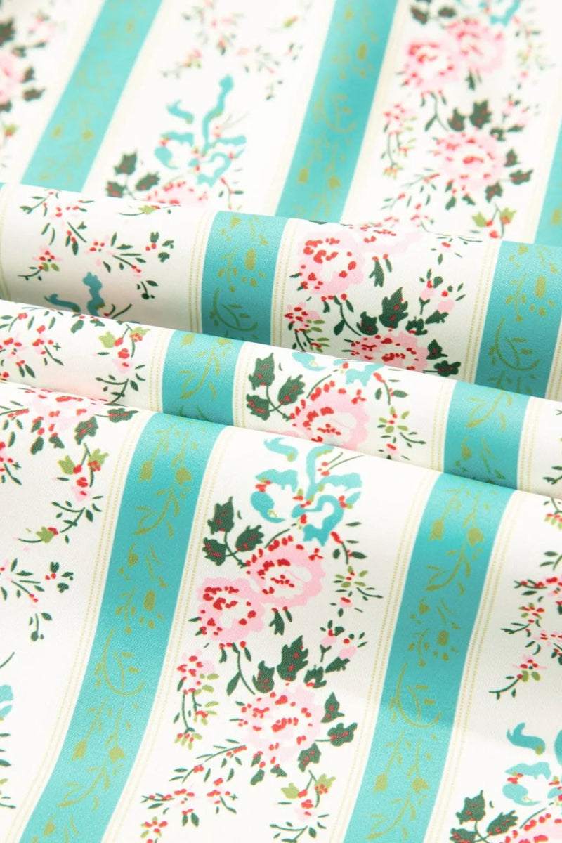 Striped Floral Print Tie Neck Puff Sleeve Midi Dress For Women - Love Salve 