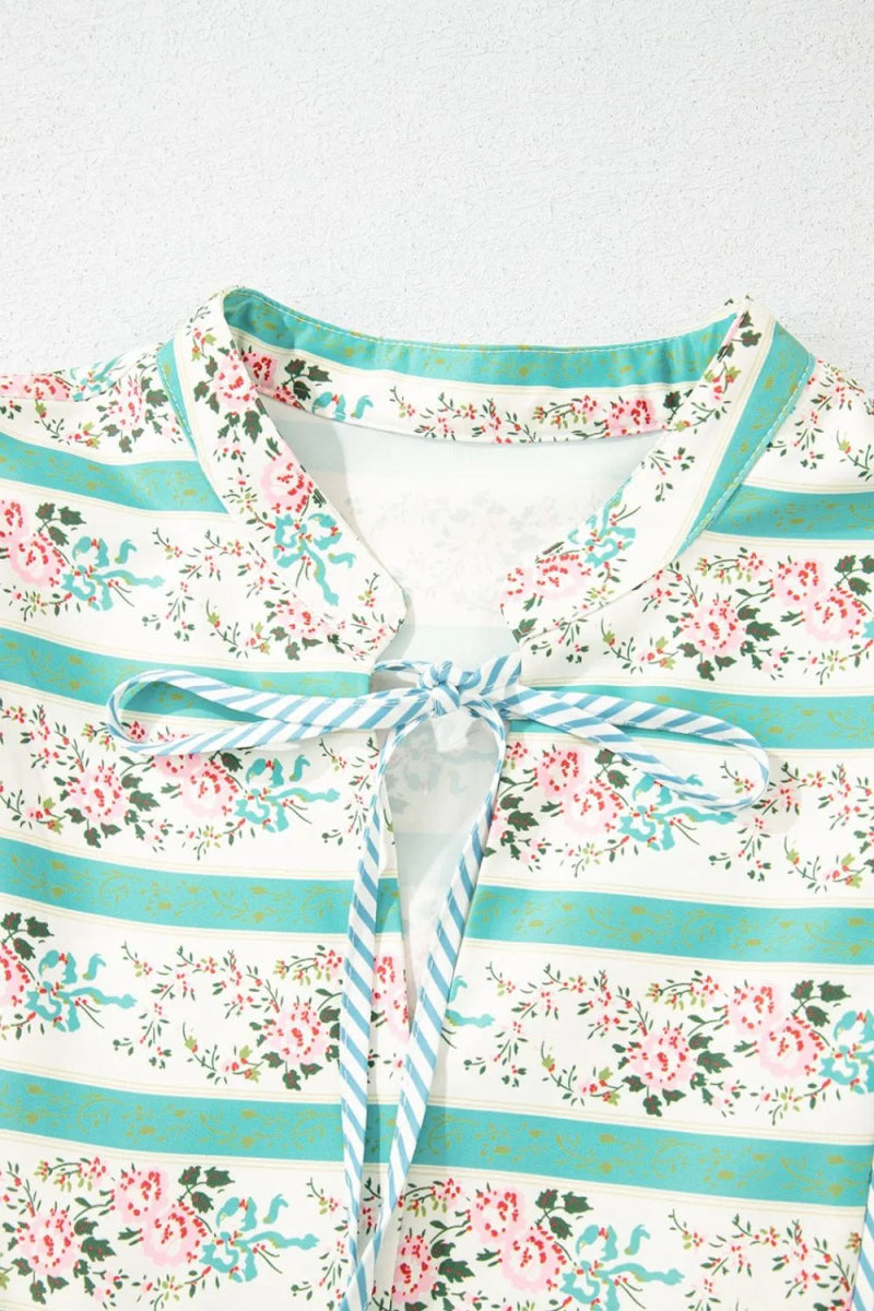 Striped Floral Print Tie Neck Puff Sleeve Midi Dress For Women - Love Salve 