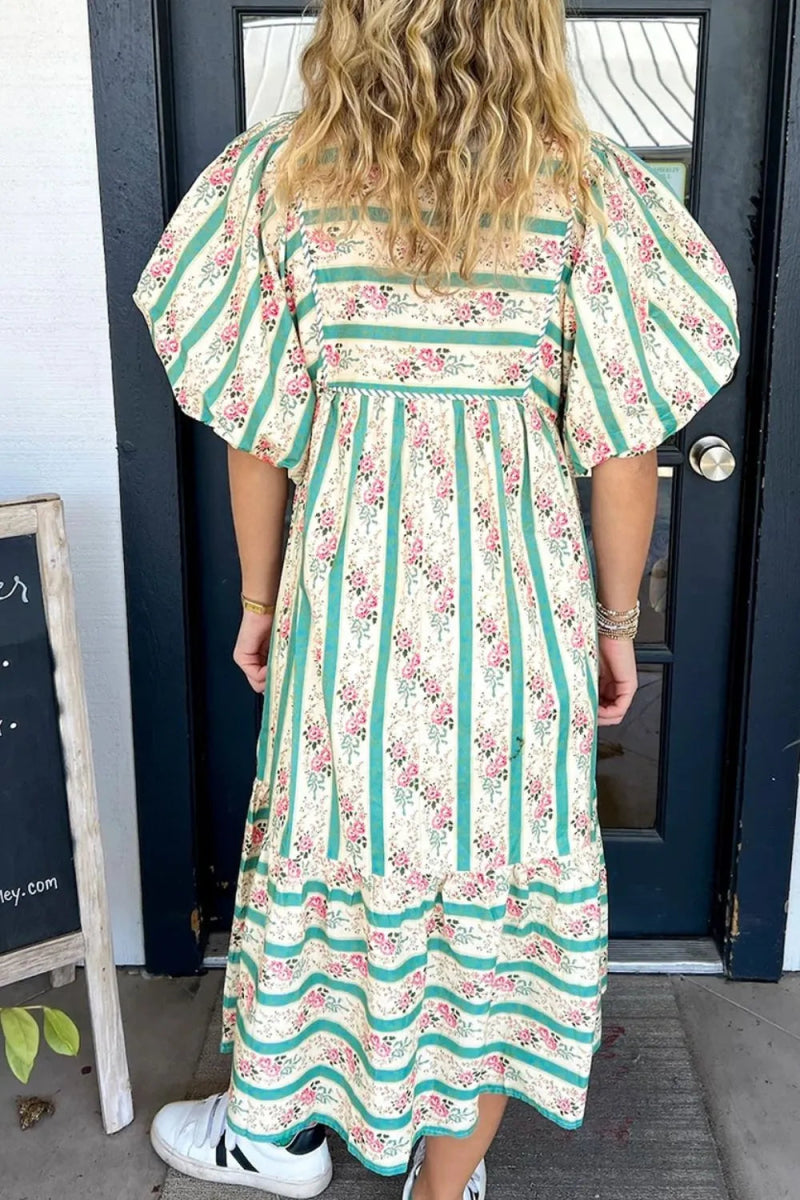 Striped Floral Print Tie Neck Puff Sleeve Midi Dress For Women - Love Salve 