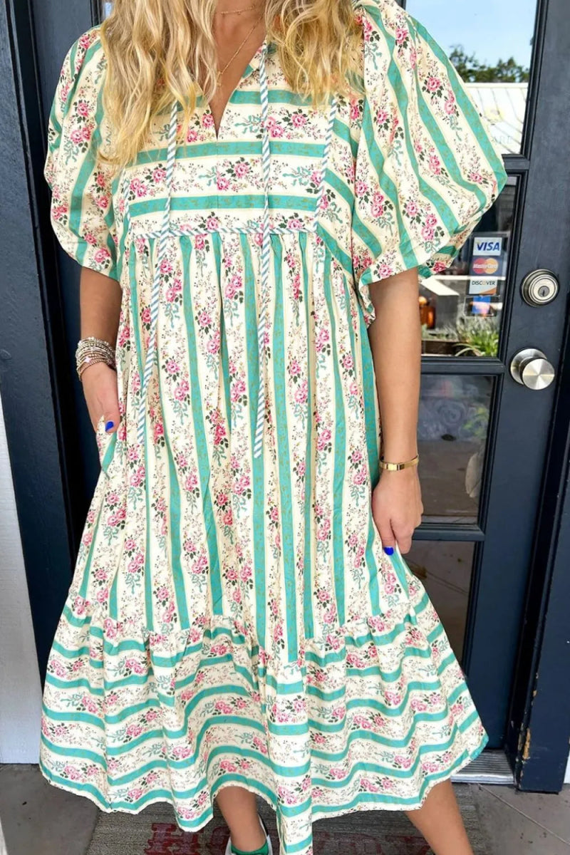 Striped Floral Print Tie Neck Puff Sleeve Midi Dress For Women - Love Salve 
