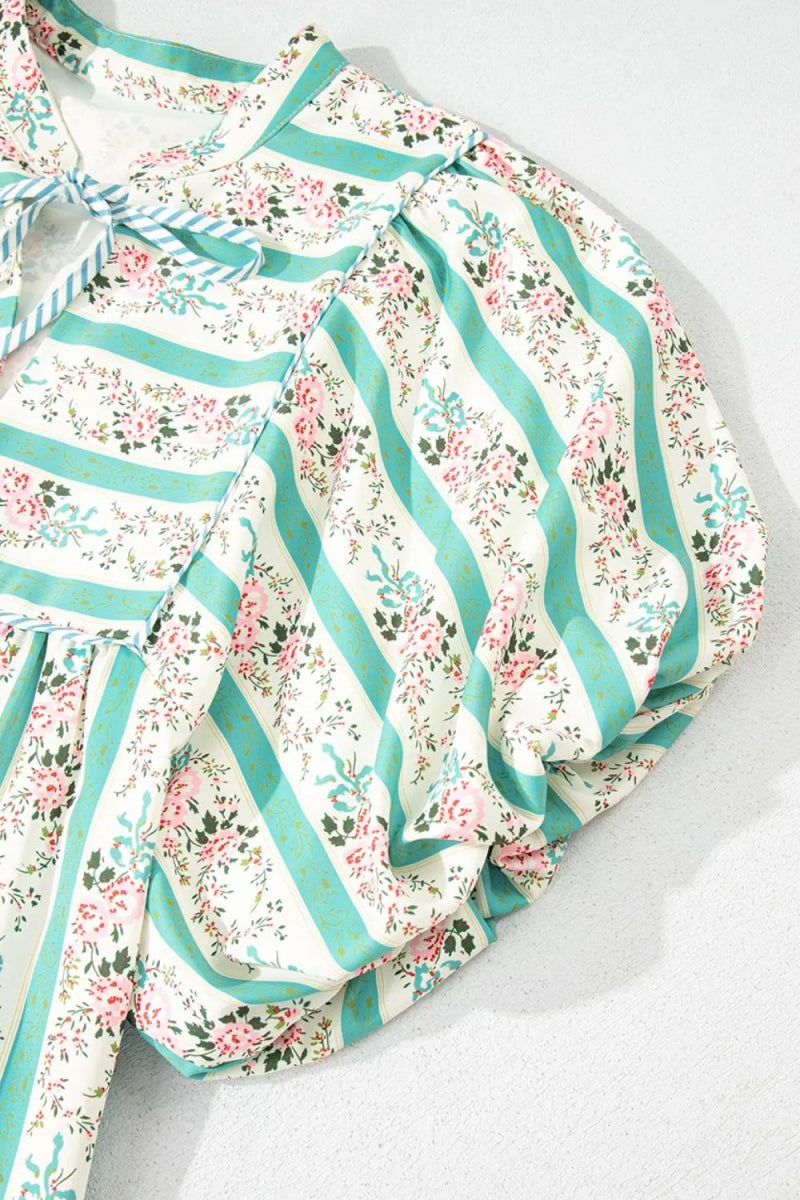 Striped Floral Print Tie Neck Puff Sleeve Midi Dress For Women - Love Salve 