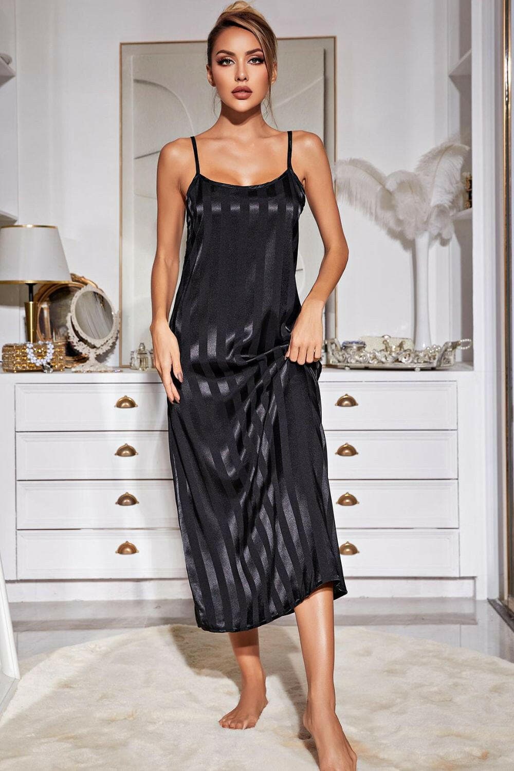 Striped Flounce Sleeve Open Front Robe and Cami Dress Set - Love Salve