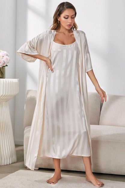 Striped Flounce Sleeve Open Front Robe and Cami Dress Set - Love Salve