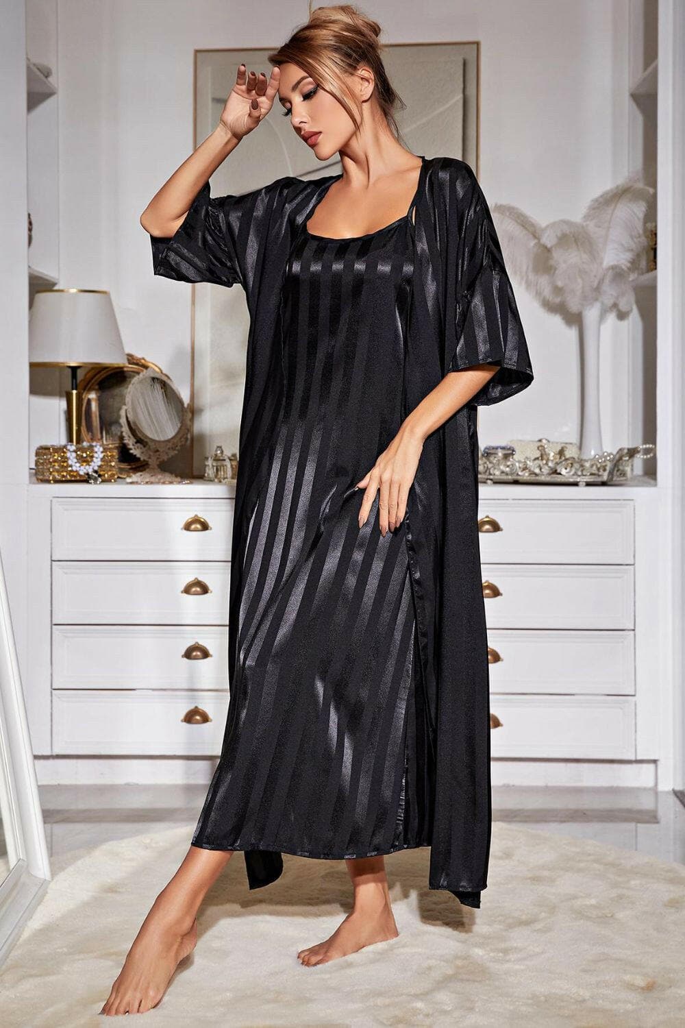 Striped Flounce Sleeve Open Front Robe and Cami Dress Set - Love Salve