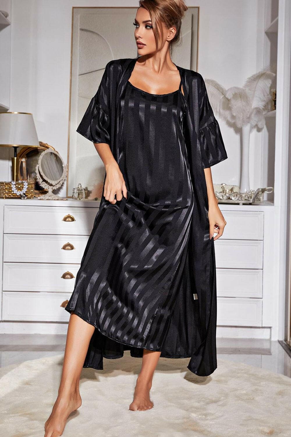 Striped Flounce Sleeve Open Front Robe and Cami Dress Set - Love Salve