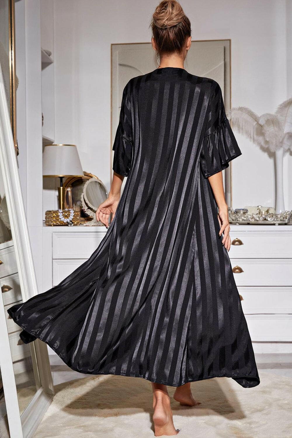 Striped Flounce Sleeve Open Front Robe and Cami Dress Set - Love Salve