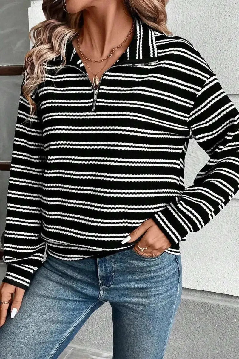 Striped Half Zip Long Sleeve Top - Love Salve 