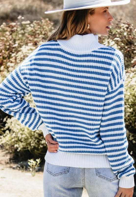 Striped Half Zip Mock Neck Long Sleeve Sweater - Love Salve 
