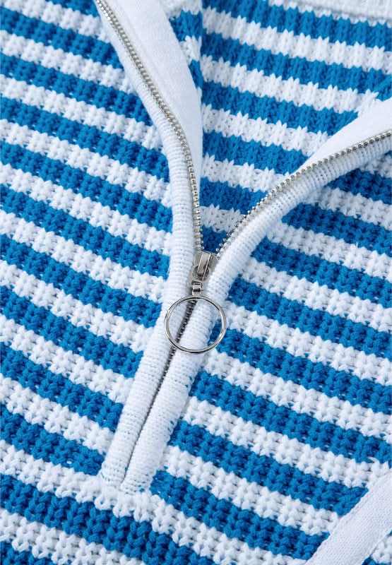 Striped Half Zip Mock Neck Long Sleeve Sweater - Love Salve 