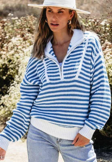 Striped Half Zip Mock Neck Long Sleeve Sweater - Love Salve 