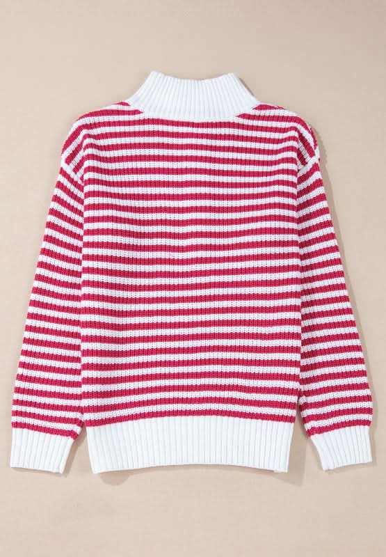 Striped Half Zip Mock Neck Long Sleeve Sweater - Love Salve 