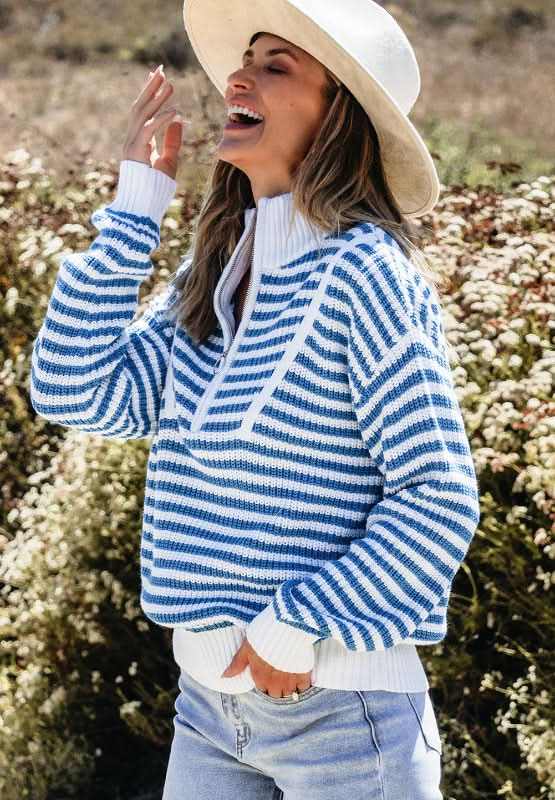 Striped Half Zip Mock Neck Long Sleeve Sweater - Love Salve 
