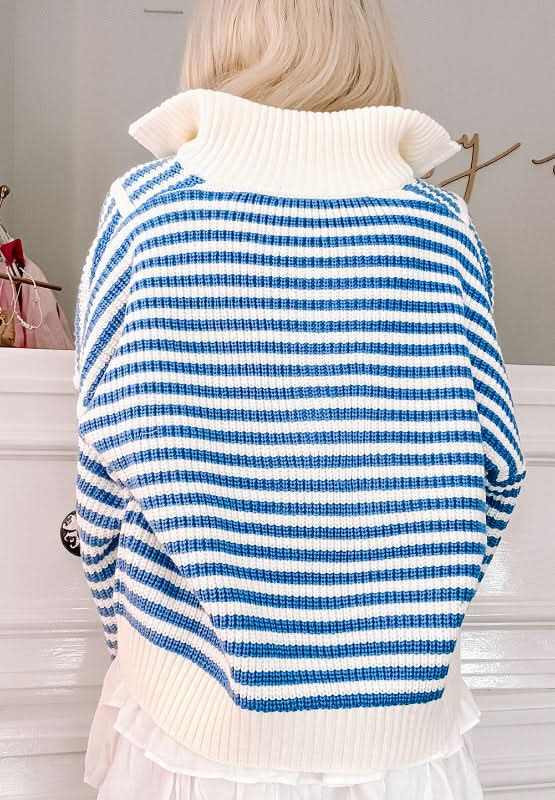 Striped Half Zip Mock Neck Long Sleeve Sweater - Love Salve 