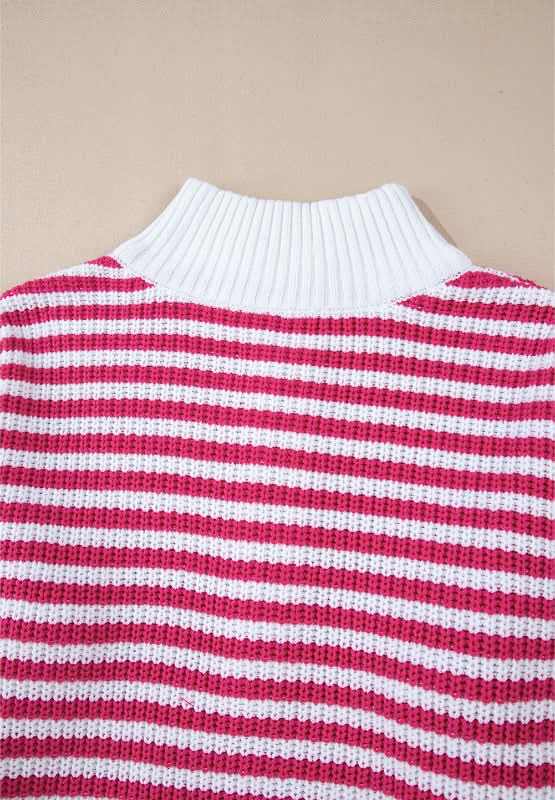 Striped Half Zip Mock Neck Long Sleeve Sweater - Love Salve 