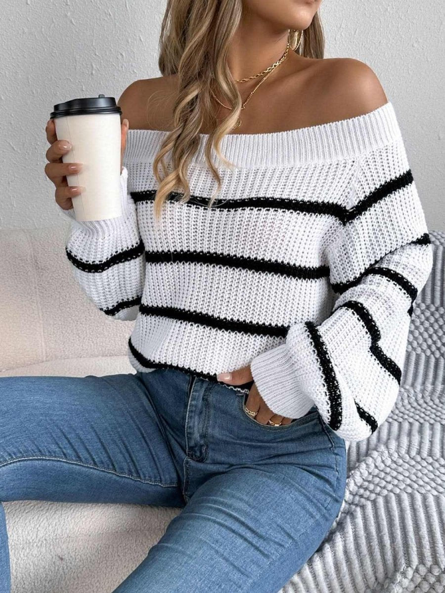 Striped Off-Shoulder Long Sleeve Sweater - Love Salve 