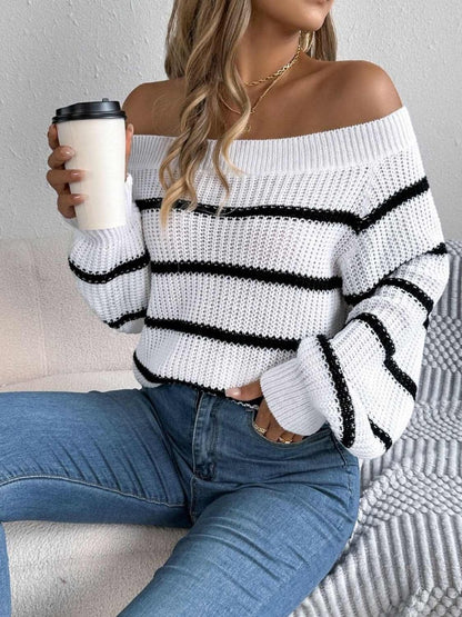 Striped Off-Shoulder Long Sleeve Sweater - Love Salve 